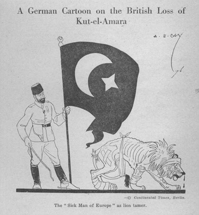 İngilizlerin Kûtu’l-Amâre’deki mağlubiyetine dair bir Alman karikatürü. Altta: Aslan terbiyecisi olarak ‘Avrupa’nın hasta adamı’ yazıyor. 