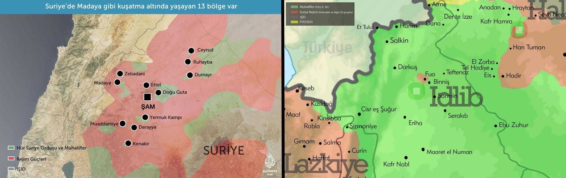 Harita 1 ve 2, Rejim tarafından kuşatılan Madaya ve muhalifler tarafından kuşatılan Fua, ( aljazeera.com ve suriyegundemi.com)