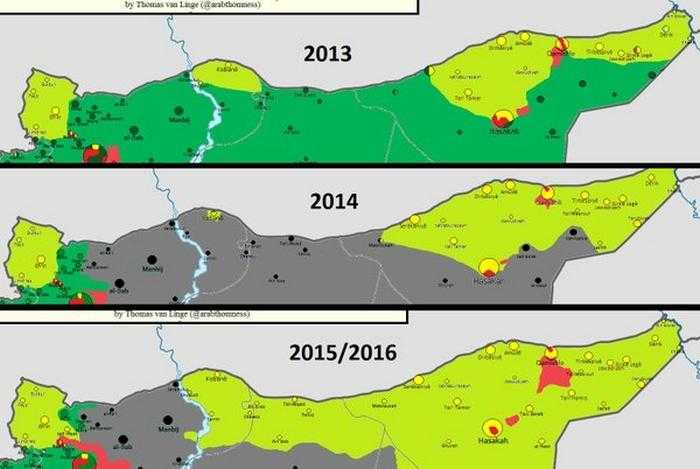 2013'ten Günümüze PYD Haritası (Sarı: PYD - Yeşil: Muhalifler - Siyah: IŞİD)