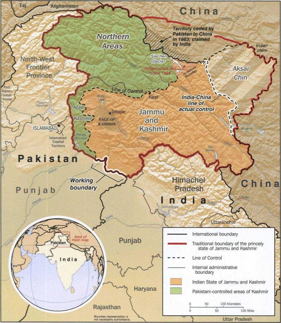 Hindistan Çin ve Pakistan kontrolündeki bölgelerin ayrıntılı haritası