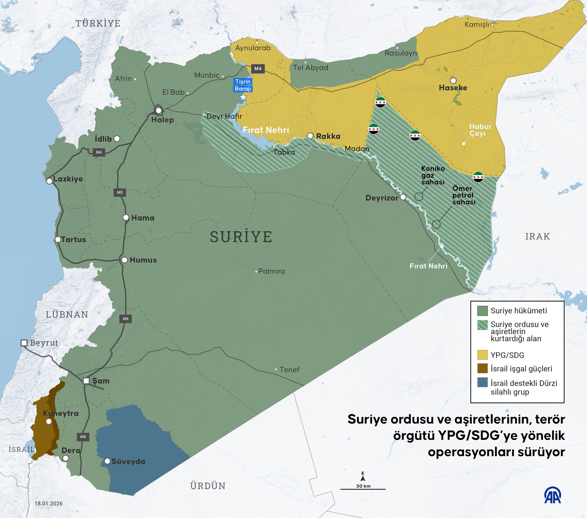 Suriye son durum haritası (18 Ocak 2026) - Harita: AA